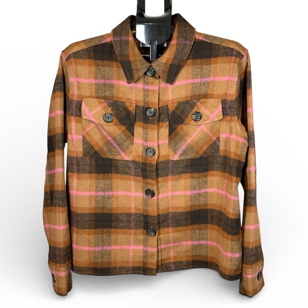 BB DAKOTA STEVE MADDEN Plaid Button Up Shirt Jacket Women's XL Brown Pink Black